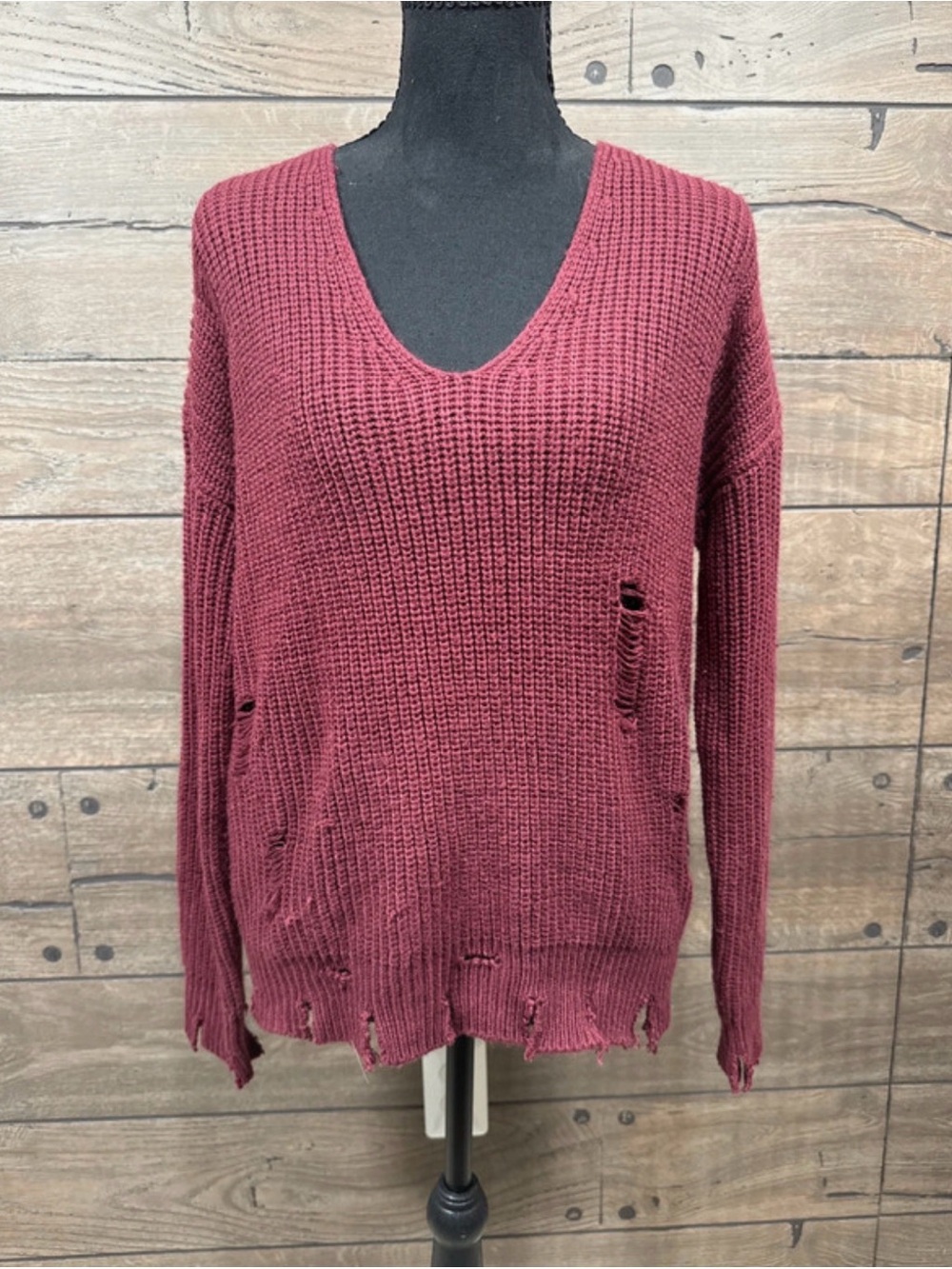 Women's Distressed V-Neck Sweater in Burgundy